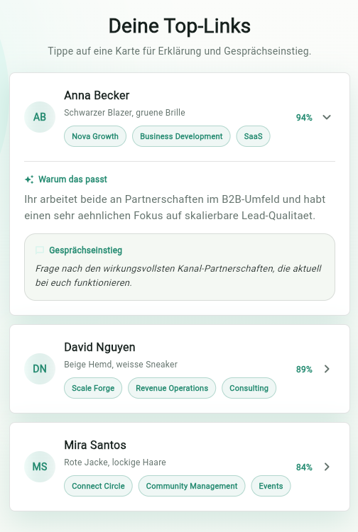 Relevant guest links and matches in the EveLin app